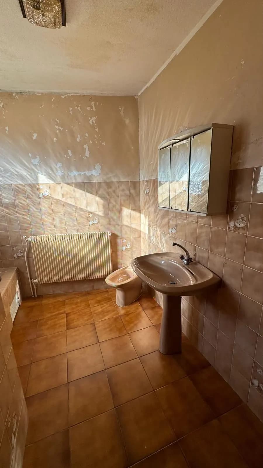 Salle de bain avant travaux : lavabo colonne beige, bidet et radiateur en fonte