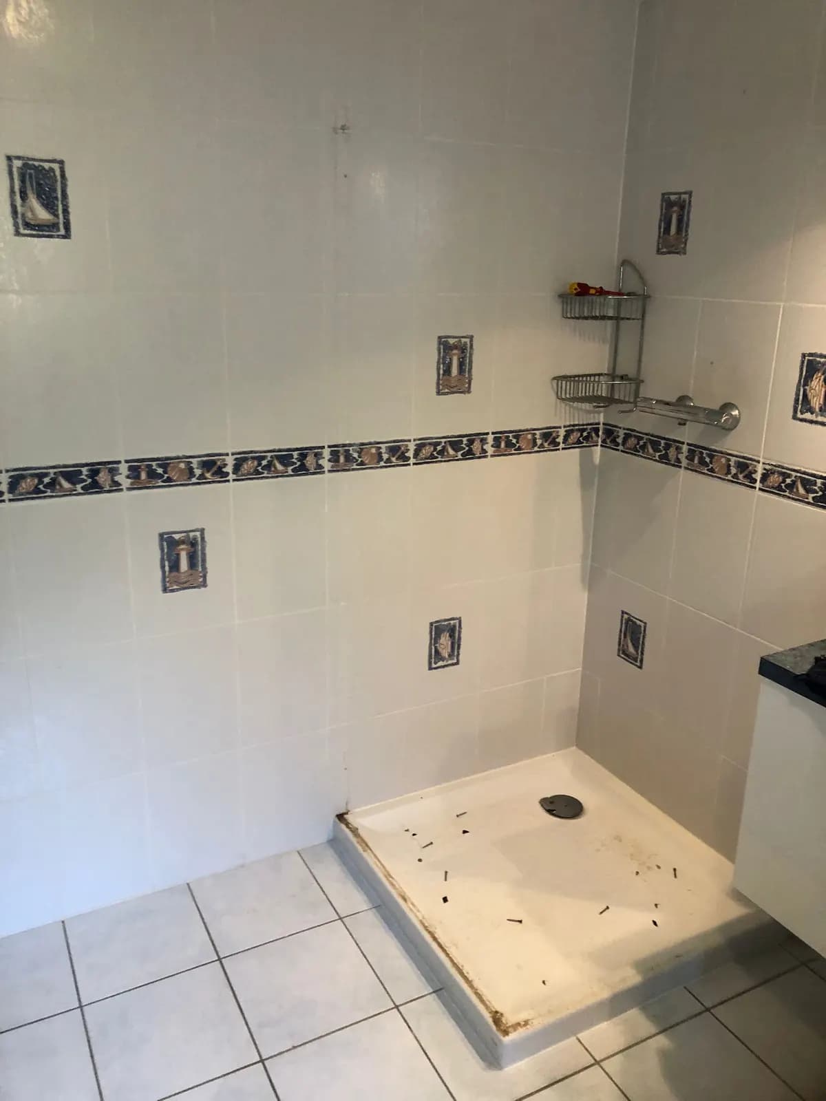 Salle de bain avant travaux : ancien receveur et faïence marine