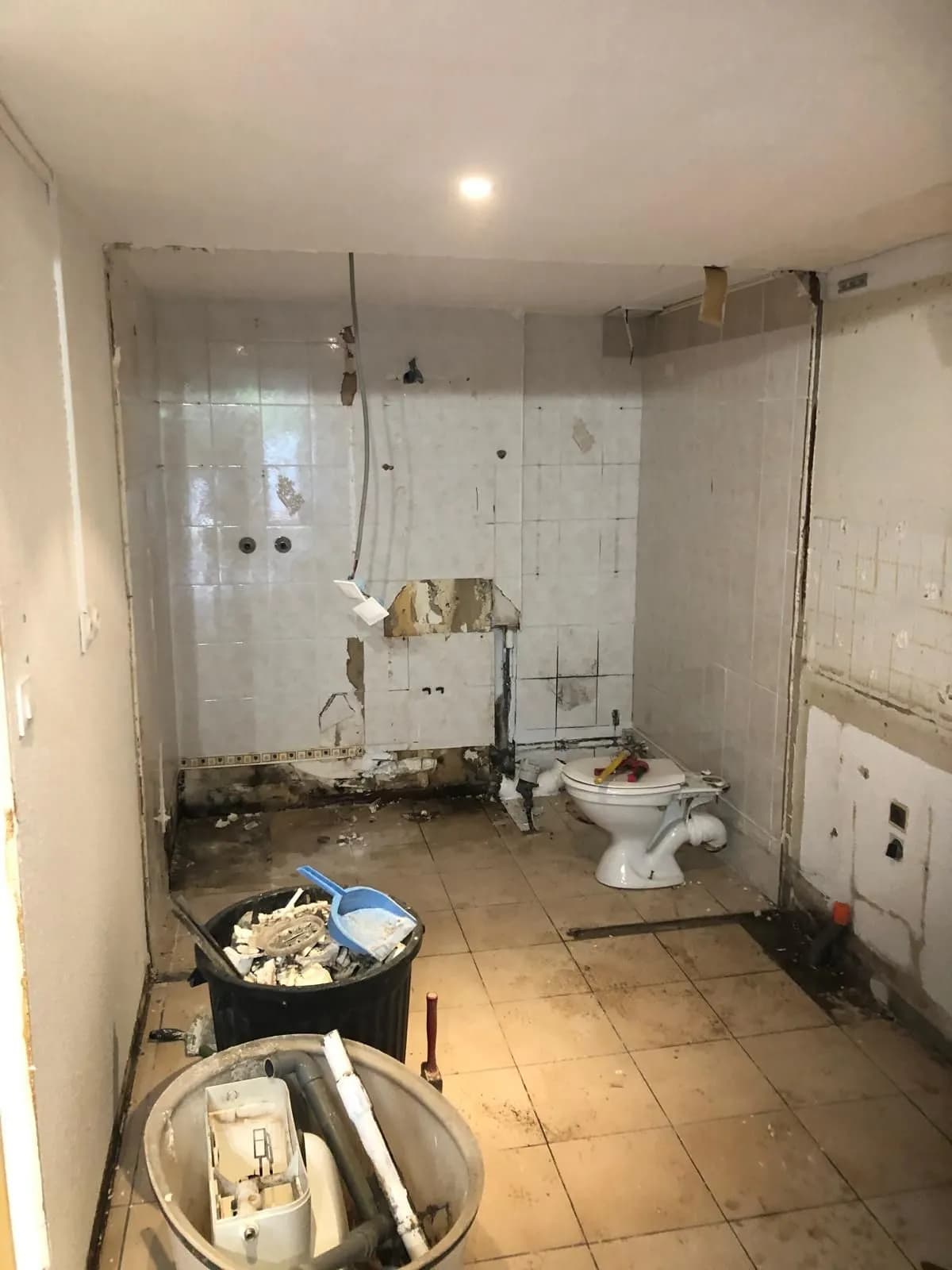 Démolition d’une salle de bain : ancien WC et faïence arrachée